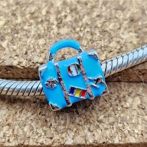5/$21 ❤️ BLUE ENAMEL SUITCASE LUGGAGE BAG CHARM BEAD FOR PANDORA BRACELETS